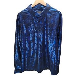 DiBanGu Mens XXL Blue Black Metallic Paisley Long Sleeve Button Down Shirt NWOT